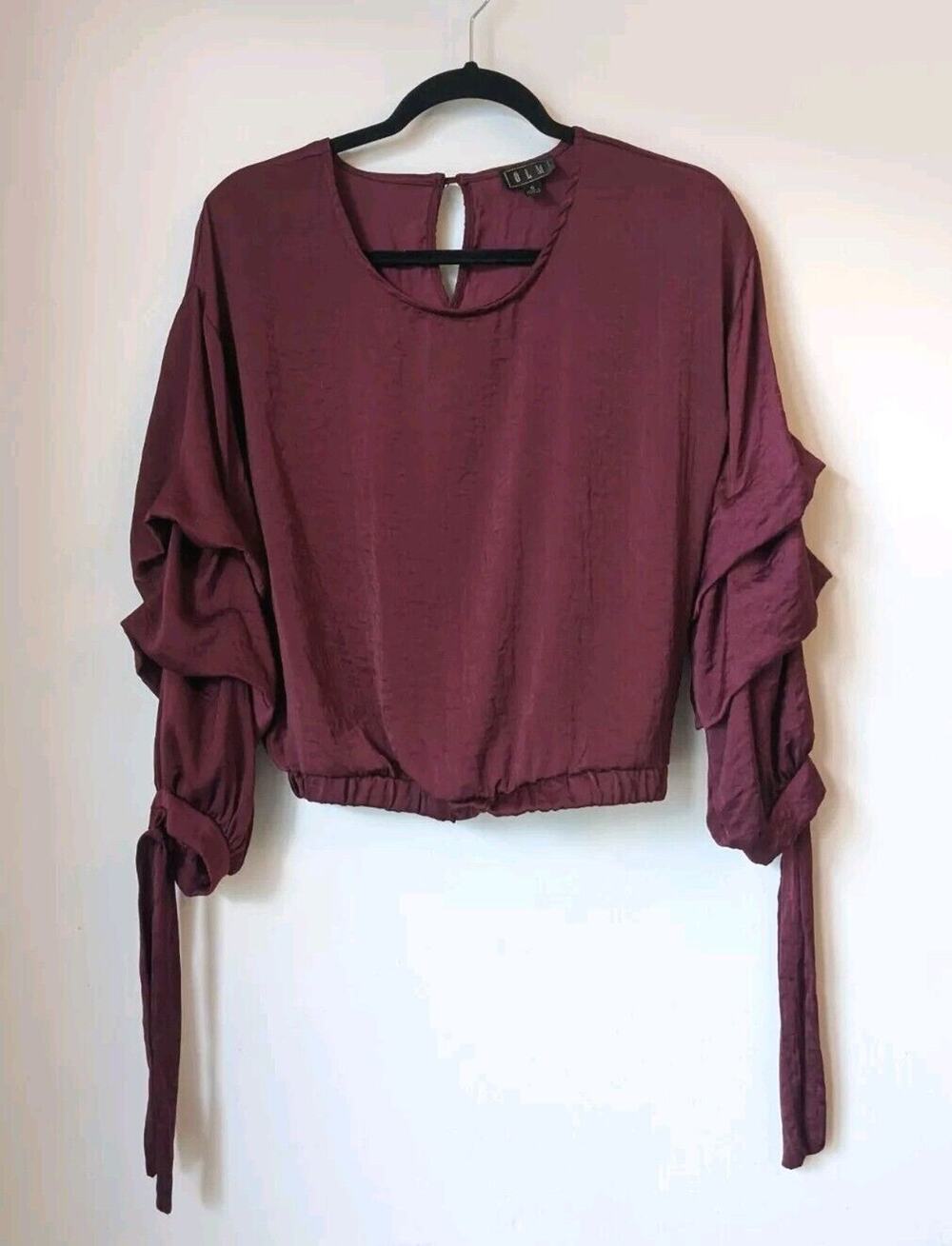 OLM 3/4 Crop Top Womens Casual Puff Sleeve Mock Blouse Burgundy Size Small